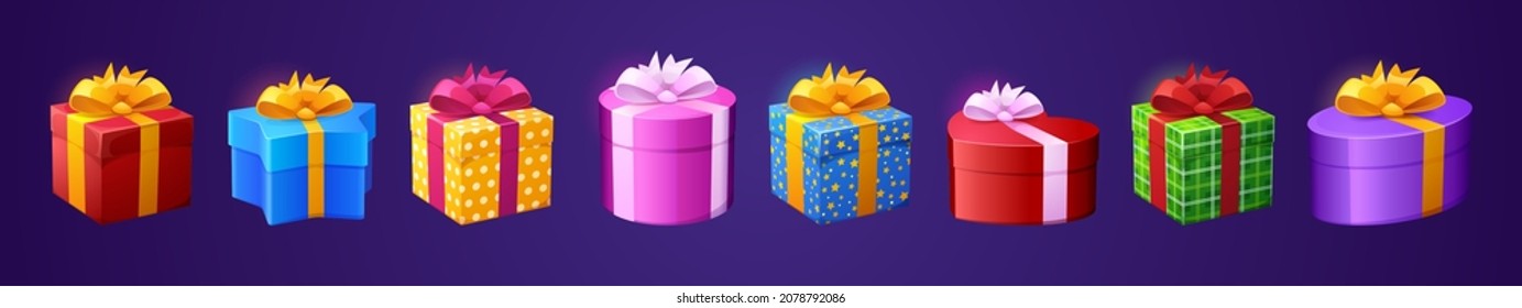 Gift boxes 3d presents in colorful wrapping paper and bows. Heart, oval, star, round shapes. Bonus, award, birthday, Christmas, Valentine, New Year celebration isolated game graphic Cartoon vector set