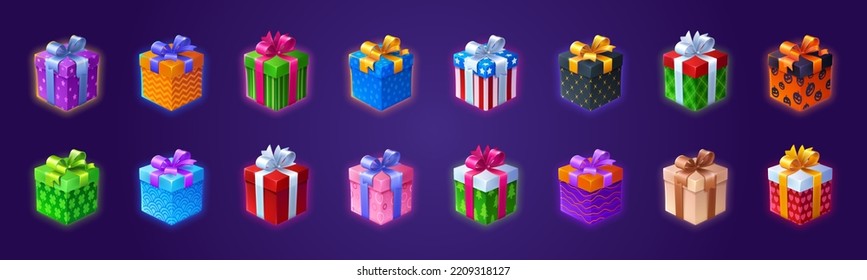 Gift boxes 3d presents in colorful wrapping paper with bows. Bonus, award, birthday surprise. Christmas, Valentine, New Year celebration isolated game graphic elements, Cartoon vector icons set