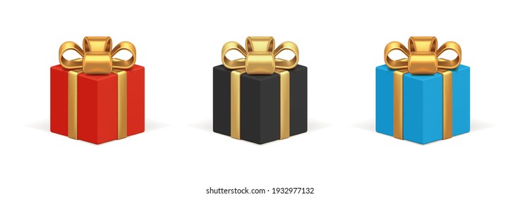 Gift boxes 3d square with gold ribbon vector icon. Red voluminous holiday surprise tied with realistic blue wrapping paper. Black event of holiday wedding anniversary and elegant greeting.