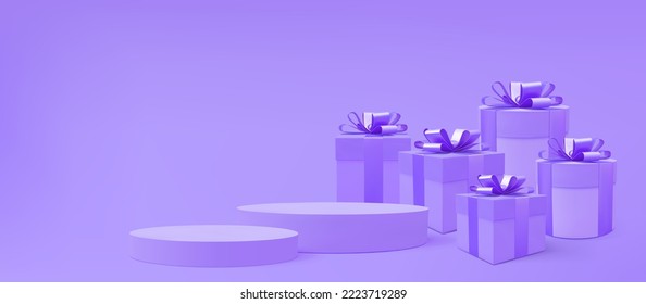 Gift boxes 3d vector background. 3d purple present boxes and podium. Realistic gift boxes. Holiday poster, web banner. Christmas, New Year, Valentines Day, Birthday present.