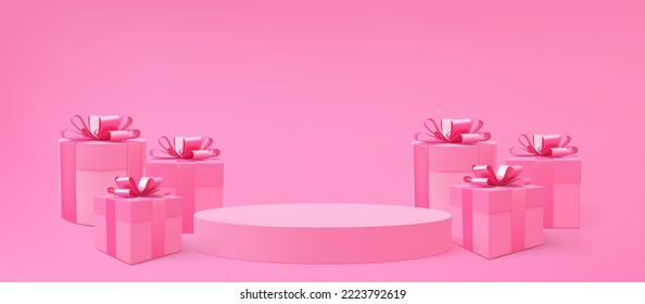 Gift boxes 3d vector background. 3d pink present boxes and podium. Realistic gift boxes. Holiday poster, web banner. Christmas, New Year, Valentines Day, Birthday present.