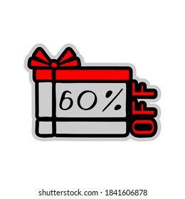 Cajas de regalo y etiqueta de descuento del 60%. Colección dibujada a mano. Ilustración vectorial.