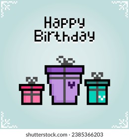 Gift boxes in 8 bit pixel art. Birthday gifts in vector illustrations for game asset