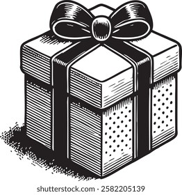 gift boxes adorned with bows, holly, and festive decorations, vintage holiday theme sketch engraving, vector illustration. Scratch board imitation. Black and white image.