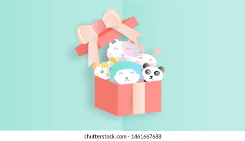 gift boxes with animal dolls . paper cut and craft .