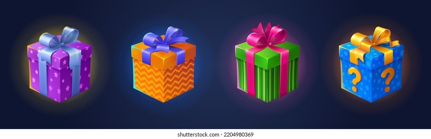 Gift boxes for anniversary, birthday, Christmas, holidays celebration. Present packages with ribbon, bow and colorful pattern. Mystery box with question mark, vector cartoon illustration