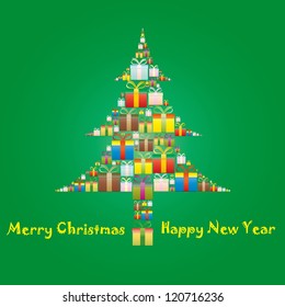 gift boxes arranged in the shape of Christmas tree