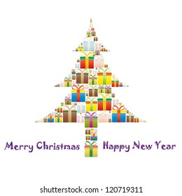 gift boxes arranged in the shape of Christmas tree