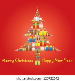 gift boxes arranged in the shape of Christmas tree
