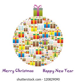 gift boxes arranged in the shape of Christmas ball
