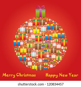 gift boxes arranged in the shape of Christmas ball