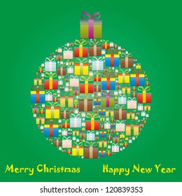 gift boxes arranged in the shape of Christmas ball
