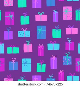 Gift boxes background. Bright colours vector illustration. Seamless pattern
