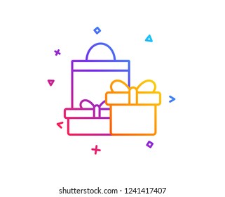 Gift boxes with bag line icon. Present or Sale sign. Birthday Shopping symbol. Package in Gift Wrap. Gradient line button. Shopping icon design. Colorful geometric shapes. Vector