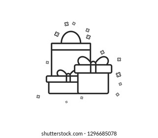 Gift boxes with bag line icon. Present or Sale sign. Birthday Shopping symbol. Package in Gift Wrap. Geometric shapes. Random cross elements. Linear Shopping icon design. Vector
