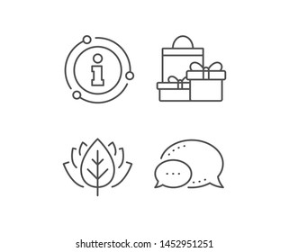 Gift boxes with bag line icon. Chat bubble, info sign elements. Present or Sale sign. Birthday Shopping symbol. Package in Gift Wrap. Linear shopping outline icon. Information bubble. Vector