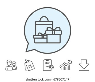 Gift boxes with bag line icon. Present or Sale sign. Birthday Shopping symbol. Package in Gift Wrap. Report, Sale Coupons and Chart line signs. Download, Group icons. Editable stroke. Vector