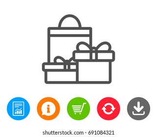 Gift boxes with bag line icon. Present or Sale sign. Birthday Shopping symbol. Package in Gift Wrap. Report, Information and Refresh line signs. Shopping cart and Download icons. Editable stroke