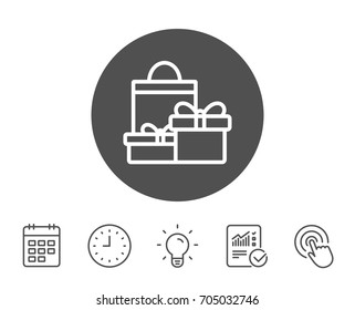 Gift boxes with bag line icon. Present or Sale sign. Birthday Shopping symbol. Package in Gift Wrap. Report, Clock and Calendar line signs. Light bulb and Click icons. Editable stroke. Vector