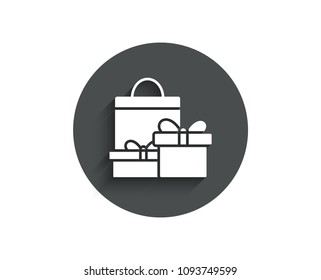 Gift boxes with bag simple icon. Present or Sale sign. Birthday Shopping symbol. Package in Gift Wrap. Circle flat button with shadow. Vector