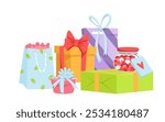 Gift boxes and bags in big pile for Christmas holiday, anniversary and happy birthday party. Lot of surprise present packages of different color and with ribbon bows cartoon