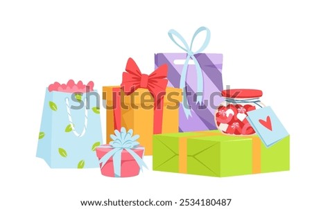 Gift boxes and bags in big pile for Christmas holiday, anniversary and happy birthday party. Lot of surprise present packages of different color and with ribbon bows cartoon