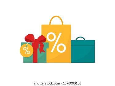 Gift boxes and bags, sale. Discount icon. Cute illustration in flat style. Vector illustration isolated on white background