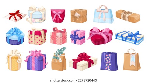 Gift boxes and bags set vector illustration. Cartoon isolated Christmas or birthday presents in paper packages with different shape and bright color, silk ribbons and bow, cute gift box collection