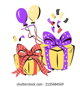 Gift boxes and balloons for celebration, holiday or birthday topic, cartoon vector isolated.