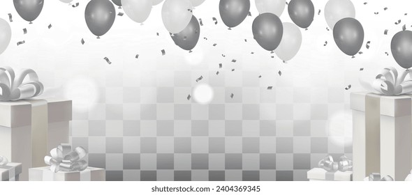 Gift boxes with balloons and confetti on transparent background. Vector illustration.