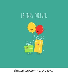Gift boxes and balloons friends forever. Vector illustration.