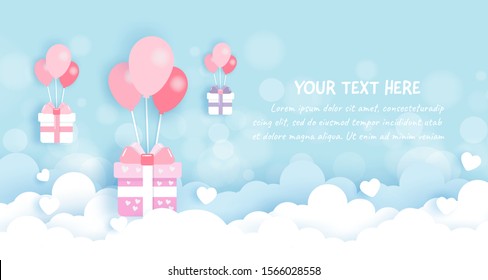 Gift boxes with balloons on the sky in paper cut and craft style .