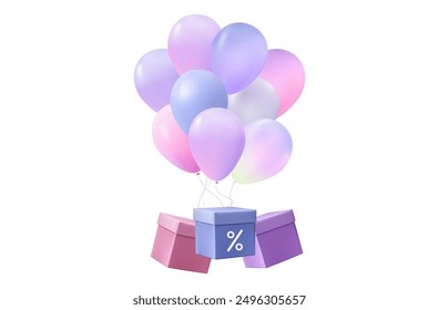 Gift boxes with balloons rise up. Gift delivery, shipping packaging. Sale, promotion, low interest advertising. Bonus, online shopping, free delivery box. Event with profitable sales. Vector 3d.