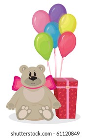 Gift in boxes, balloons and toys on a white background