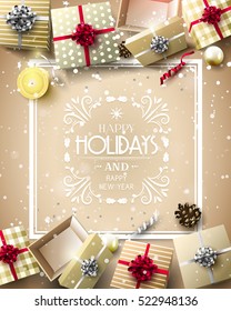 Gift boxes and baubles on gold background - Luxury Holiday greeting card with calligraphic inscription