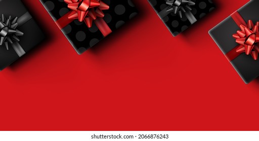 Cajas de regalo con un hermoso arco sobre fondo rojo. Espacio para texto. Ilustración vectorial de vacaciones.
