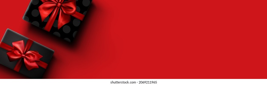 Gift boxes with beautiful bow on red banner background. Space for text. Vector holiday illustration.