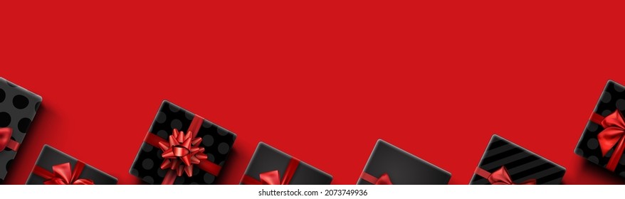 Gift boxes with beautiful bow on red background. Space for text. Vector holiday illustration.