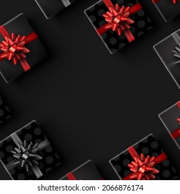 Gift boxes with beautiful bow pattern. Polka-dot. Space for text. Vector holiday illustration.