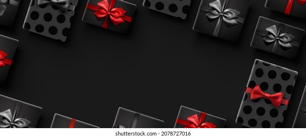 Gift boxes with beautiful bow pattern. Polka-dot. Banner with space for text. Vector holiday illustration.