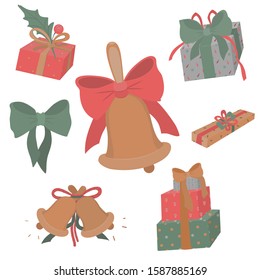 Gift boxes. Bell. Bow. Holly branch. Vector. Objects on a white background.