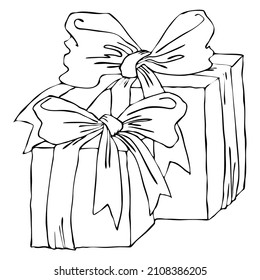 Gift boxes with big bows for celebration birthday, Christmas, new year or other important events. Presents for customers, friends, kids, children, parents and all family. Line art made by hand.