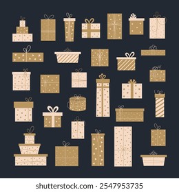Gift Boxes Big Set. Gold, White and Black Presents Package Collection.