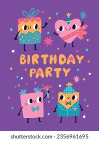 Gift boxes birthday greeting card. Cartoon characters. Happy anniversary celebration. Party invitation. Cute present containers with funny smiling faces. Vector baby