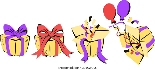 Cajas de regalo y cumpleaños presenta colección con cintas y globos, ilustración vectorial de dibujos animados planos aislados en fondo blanco.