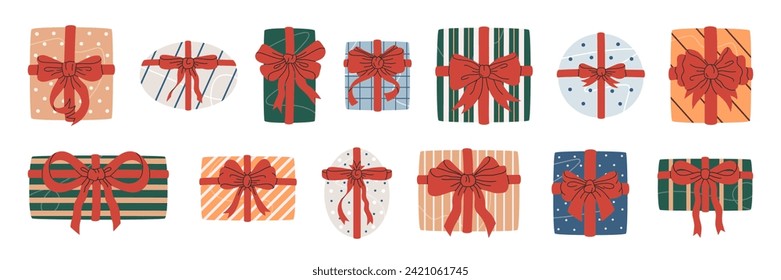 Gift boxes. Birthday presents with silk bows, hand drawn wrapped gift boxes top view flat vector illustration set. Holidays gift boxes collection