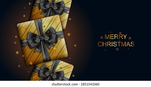 Gift Boxes with Black Bows for Merry Christmas, Dark Glittering Banner