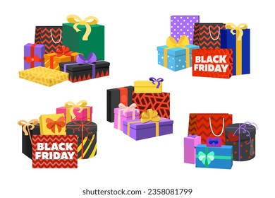 Gift boxes with Black Friday signs vector illustrations set. Collection of cartoon drawings of special offer or discount on presents. Black Friday, shopping, marketing, promotion concept