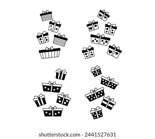 gift boxes black white flying and falling with bows on white background vector design simple flat icon collections