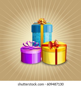 Gift boxes. Blue, purple and yellow colors. Ribbons on top and abstract background. Design elements for cards, invitations, prints, posters. Vector illustration